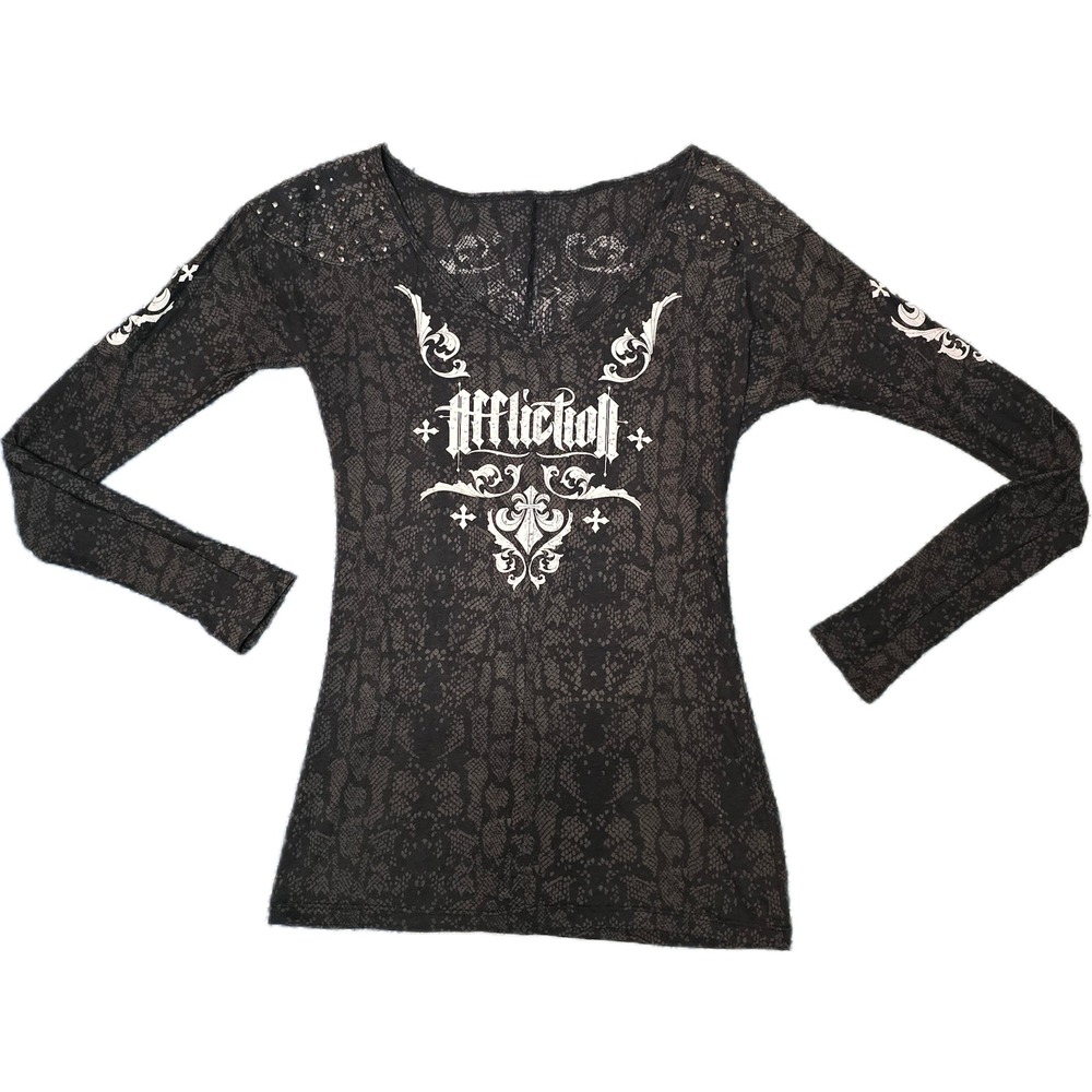 Affliction Womens XL Black Rhinestone studs Long Sleeve Shirt Y2K Goth Tattoo